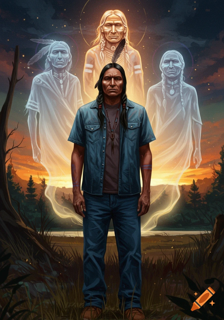 Illustration of a modern Native American man standing in a landscape with ghostly ancestor spirits behind him.