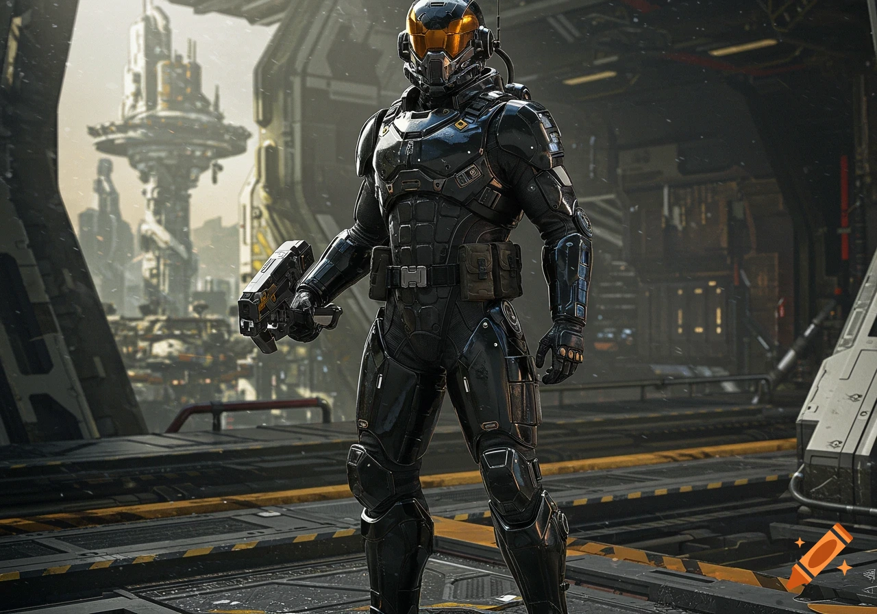 A soldier in sleek black futuristic armor with an amber visor stands in a sci-fi hangar.