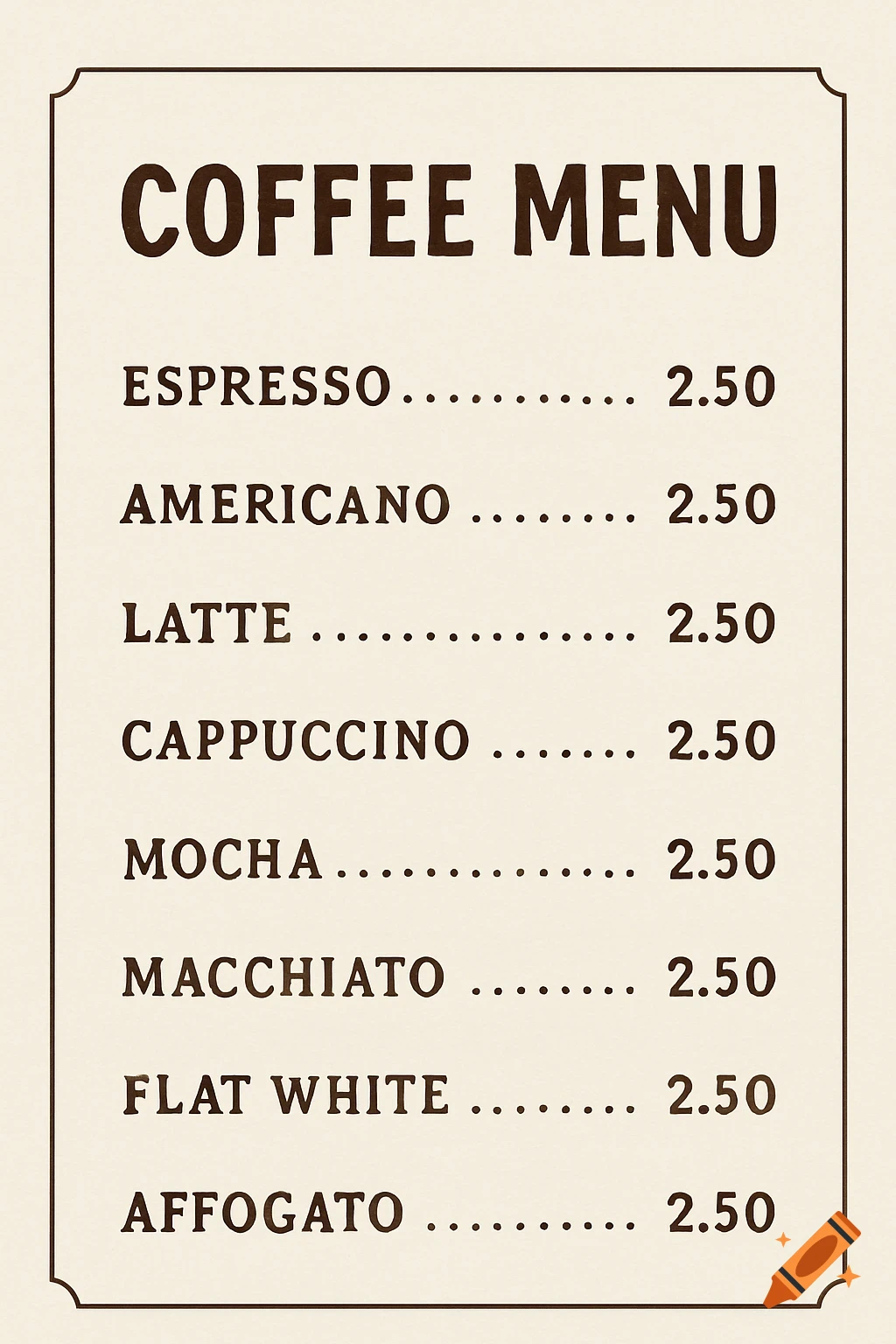 A simple graphic design coffee menu with a list of items and prices.