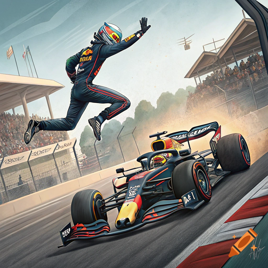 Illustrative image of a Formula 1 driver jumping over their car on a race track.