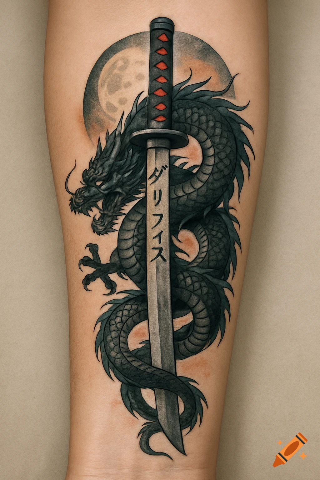 A black dragon wraps around a samurai sword with Japanese characters on the blade, on an arm tattoo with a moon background.