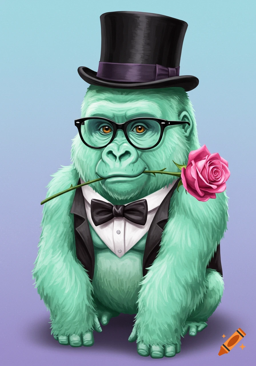 A mint green gorilla in a top hat, tuxedo, and glasses, holding a pink rose in its mouth. Stylized illustration.