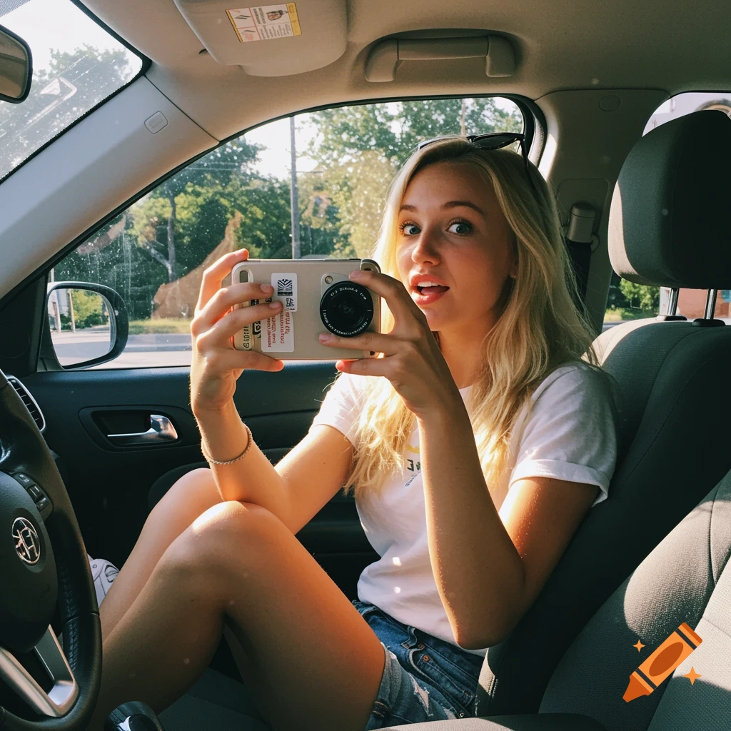 A blonde girl takes a selfie in the driver's seat of a car.