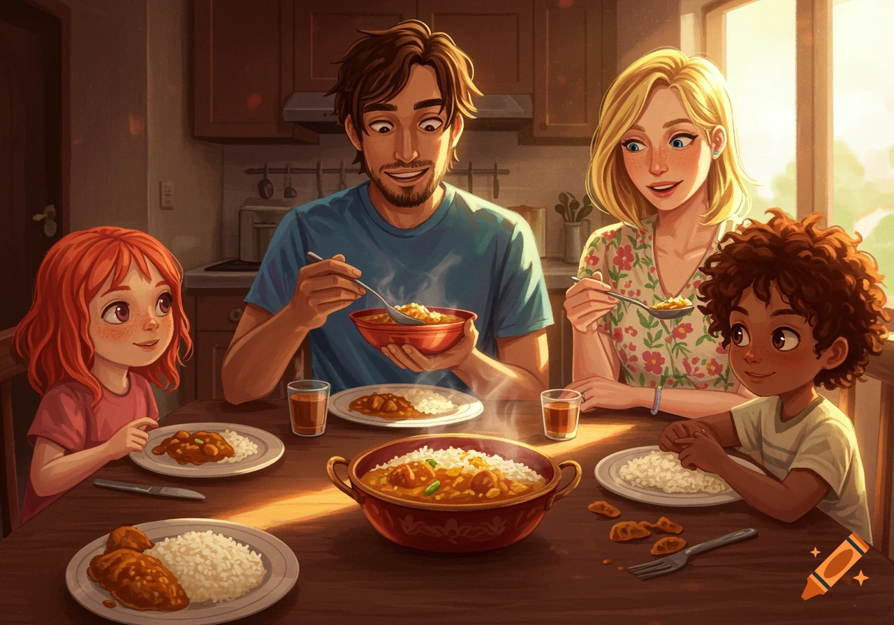 Illustrated scene of a family eating curry together at a table in a warm, sunny kitchen.