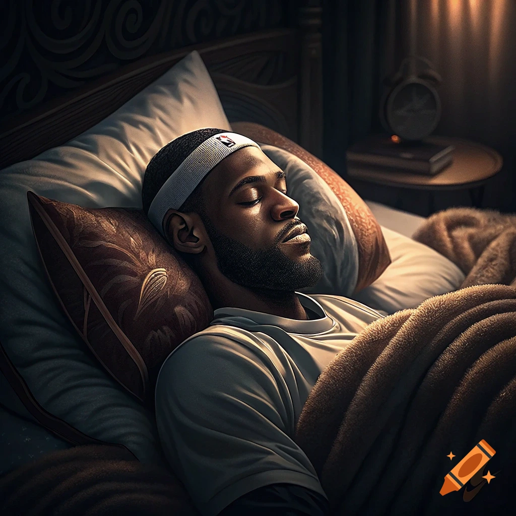 Photorealistic image of a man with a beard and headband sleeping soundly in bed under a blanket.
