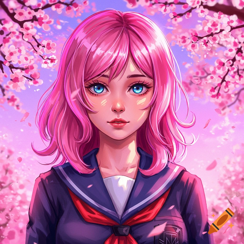 Anime portrait of a girl with pink hair and blue eyes in a school uniform among cherry blossoms.