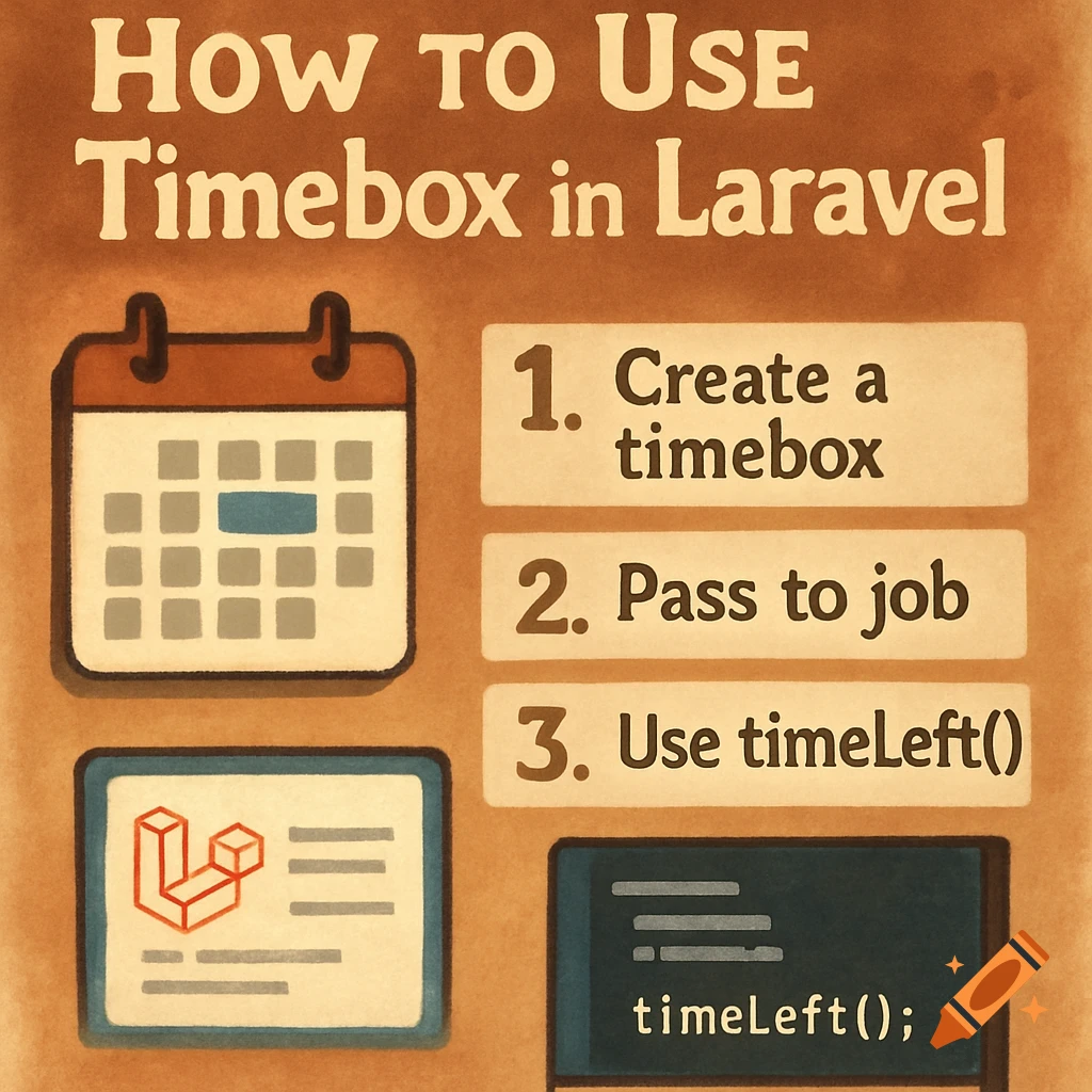 Illustration showing steps to use Timebox in Laravel, with calendar, list of steps, and code example.