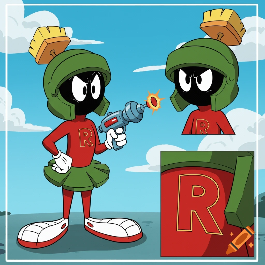Cartoon of Marvin the Martian wearing a skirt and holding a ray gun, with a yellow 'R' on his red shirt.