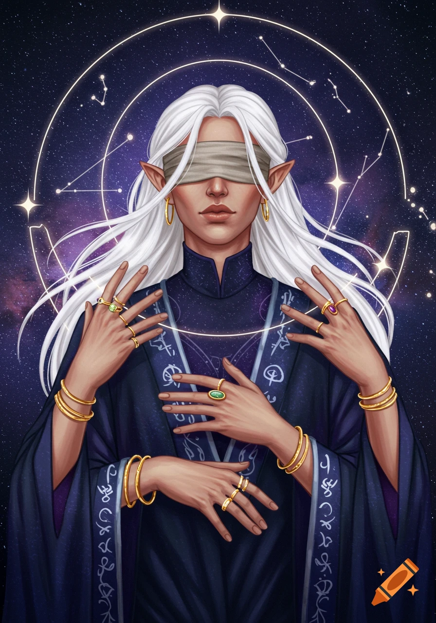 Fantasy character with blindfold, white hair, elf ears, blue robe with symbols, multiple hands with rings, against starry background with constellations.