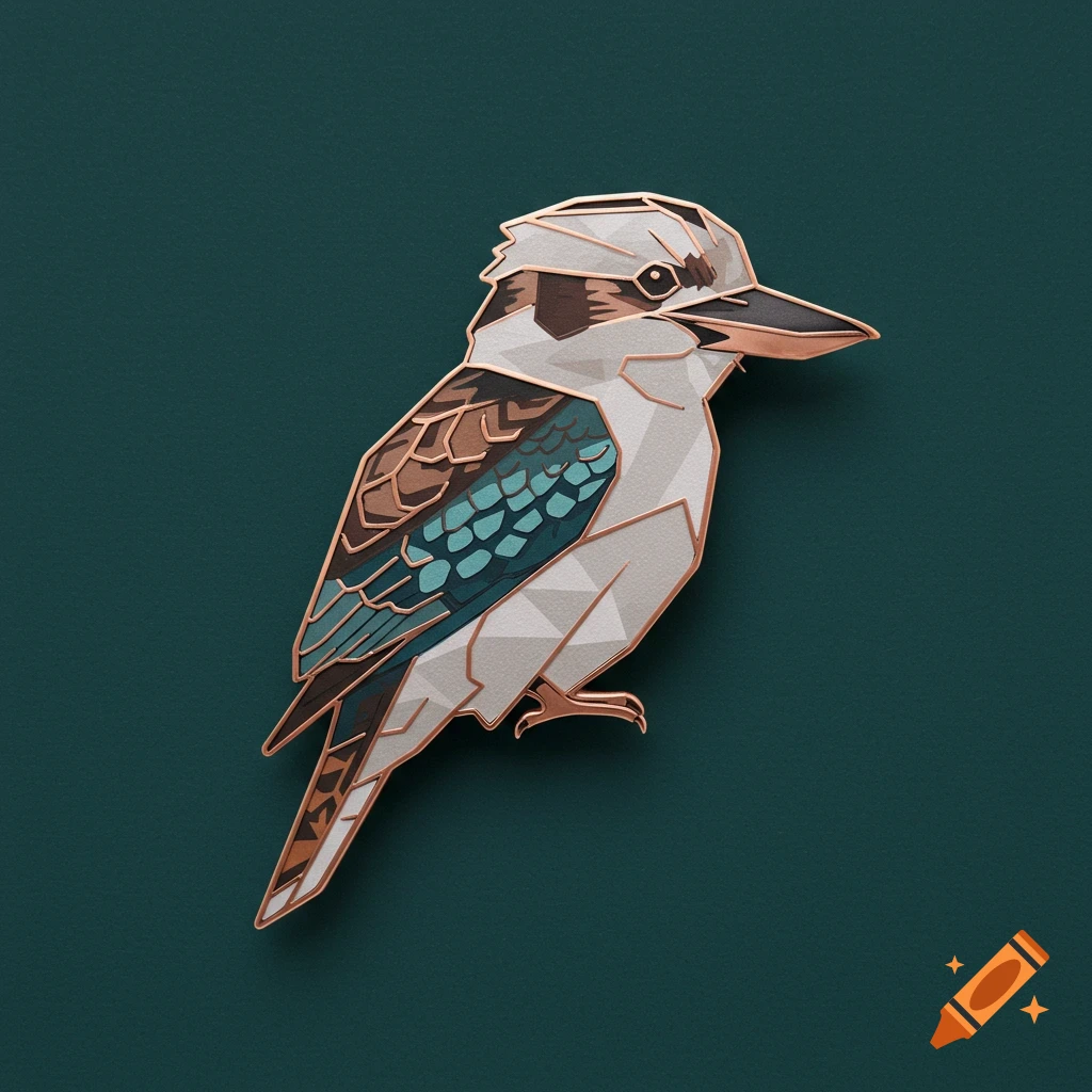 Geometric style copper kookaburra brooch against a dark green background.