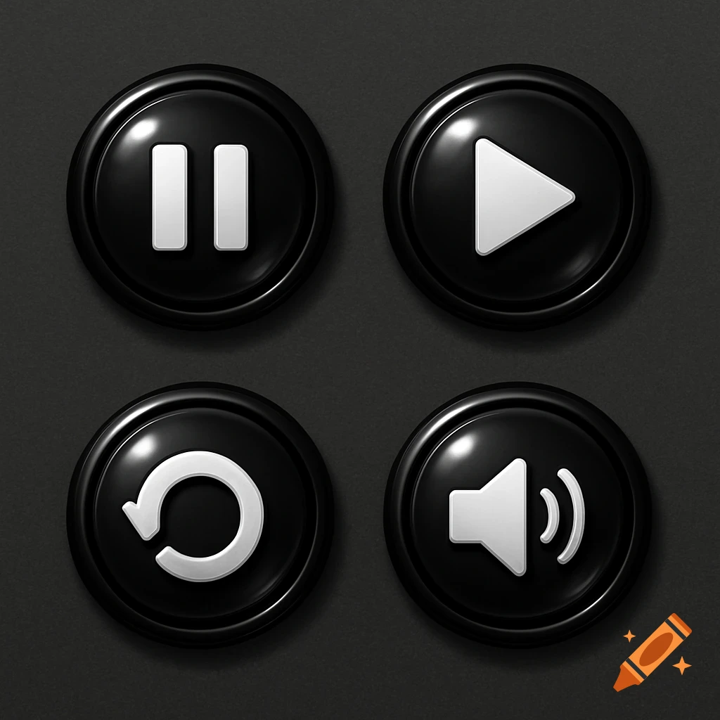 Four glossy black buttons with white icons: pause, play, restart, volume.