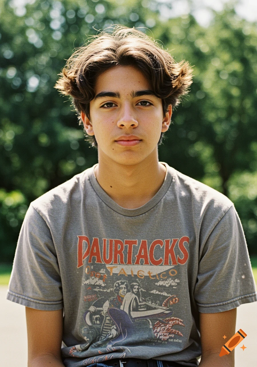 Portrait of a teenage boy wearing a graphic t-shirt outdoors