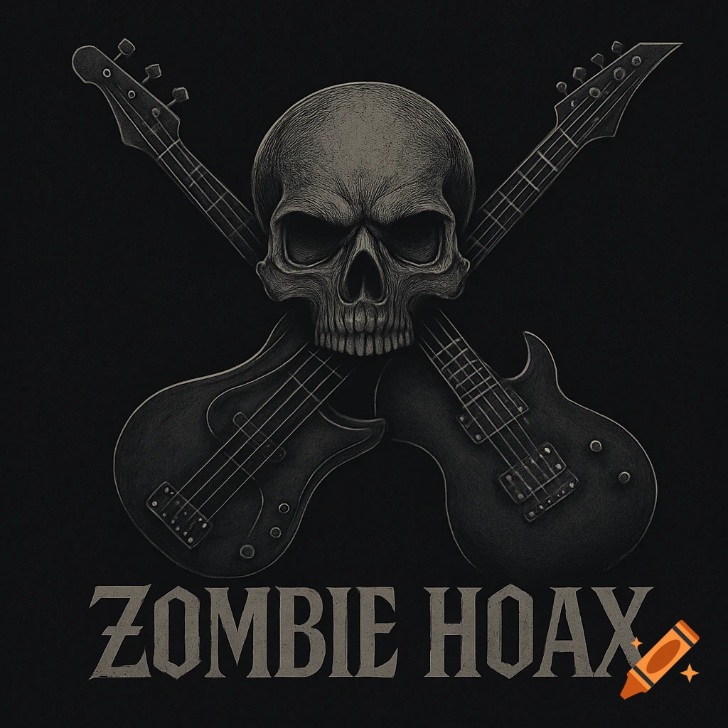 Stylized dark illustration of a skull with two crossed guitars behind it and the text "ZOMBIE HOAX" below.