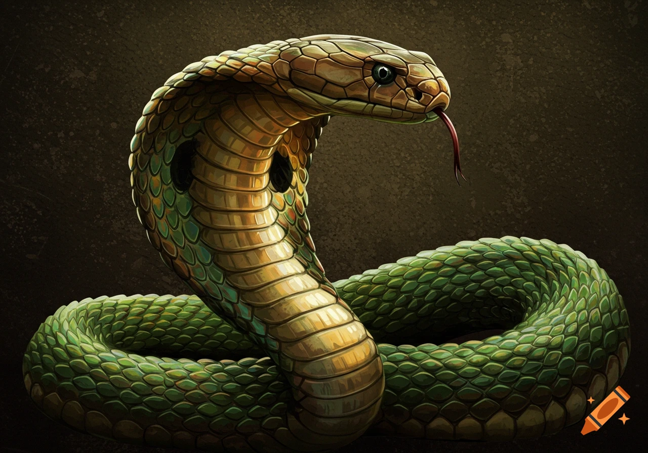 A detailed illustration of a cobra with its hood spread, preparing to strike.