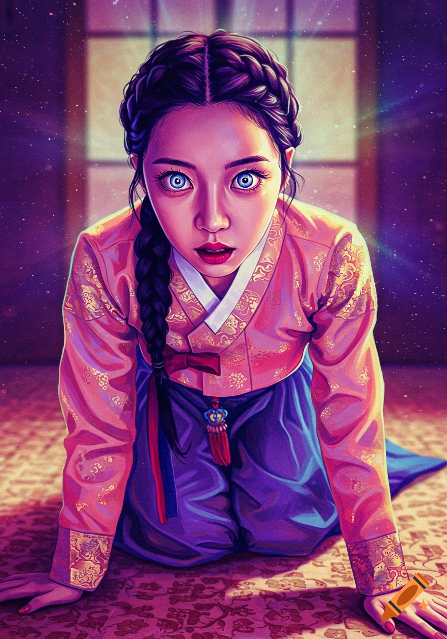 Digital painting of a Korean woman in traditional dress kneeling and looking up at the camera with wide, bright blue eyes.