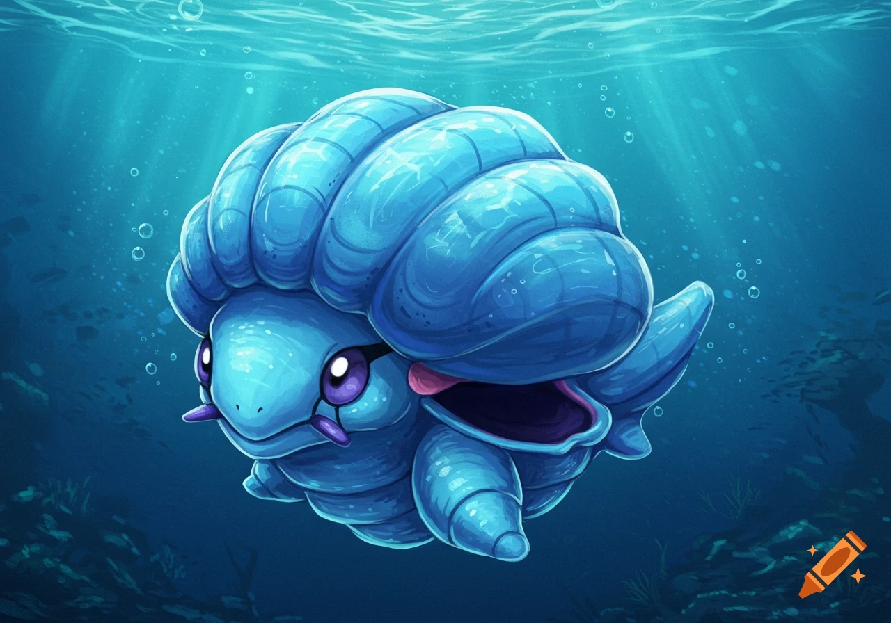 A stylized blue Shellder-like creature floats underwater. on Craiyon