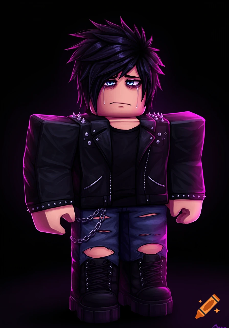An emo Roblox character in a black leather jacket and ripped jeans with tears on a dark background.