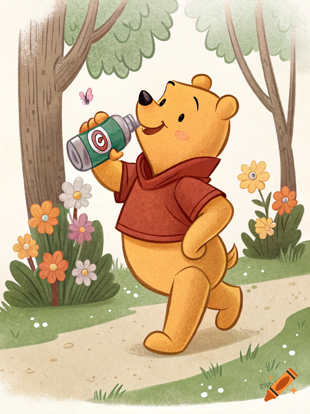 A cartoon illustration shows Winnie the Pooh walking on a path, drinking from a green bottle, surrounded by flowers and trees.