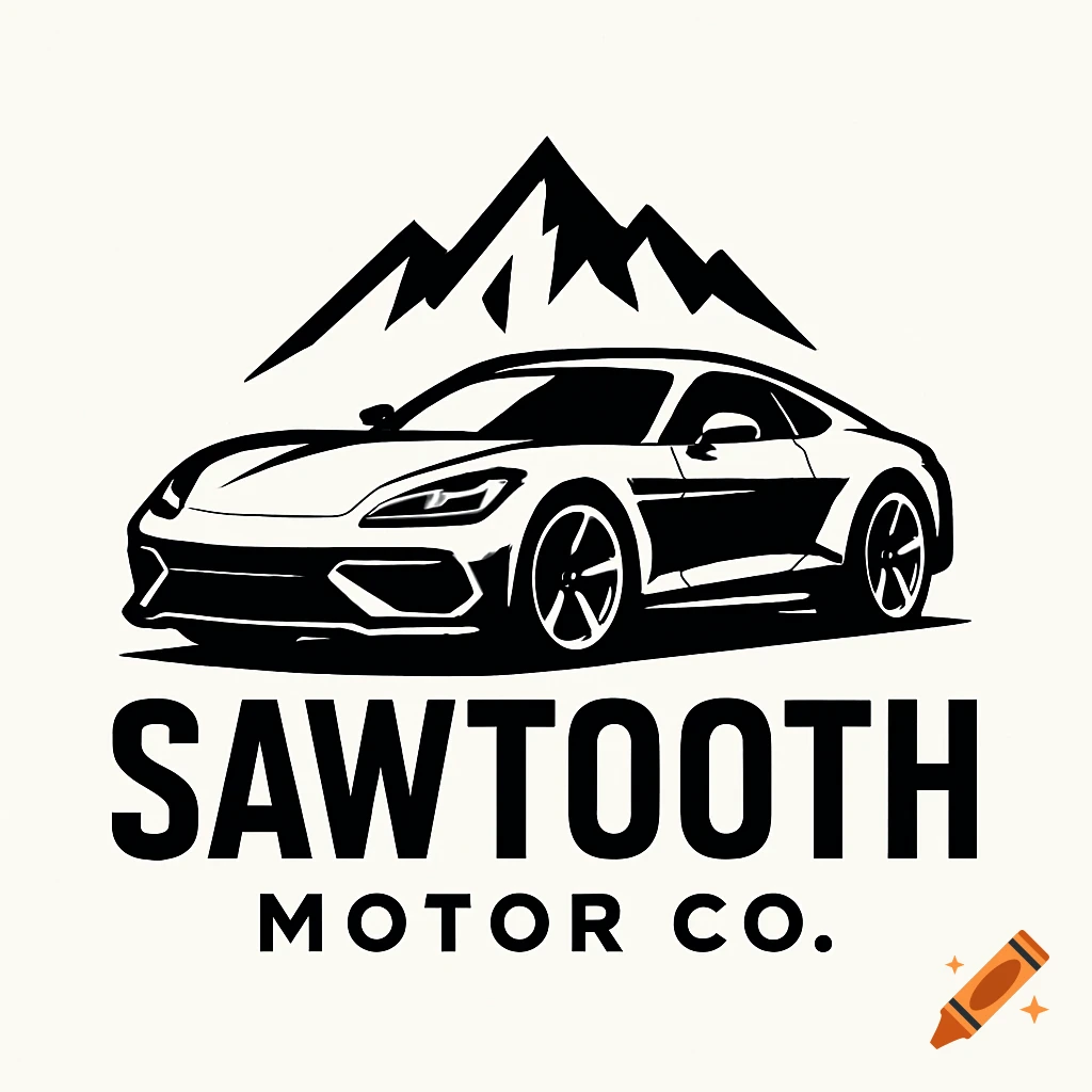 Black and white logo with a sports car below mountains and the text Sawtooth Motor Co.