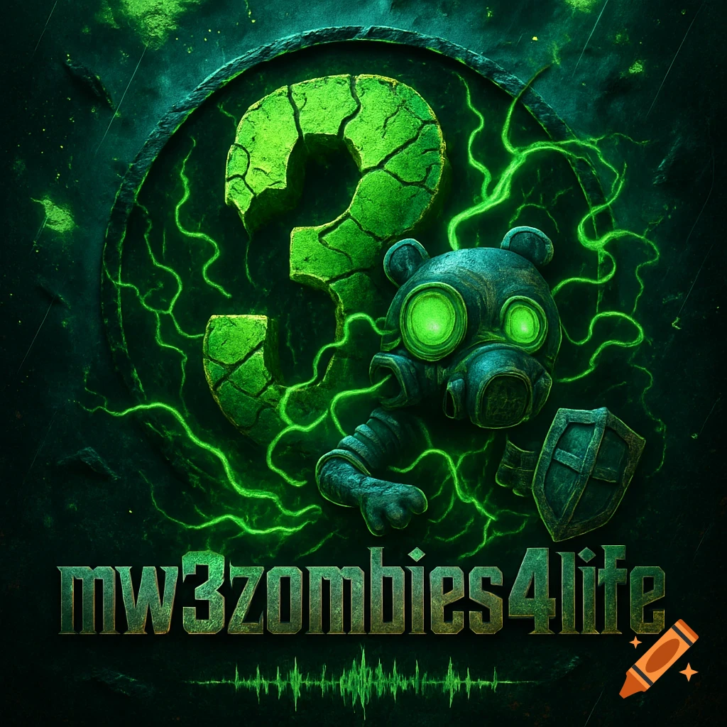Stylized gas-masked character with shield, green cracked '3' symbol, text 'mw3zombies4life', and green energy in a grunge style.