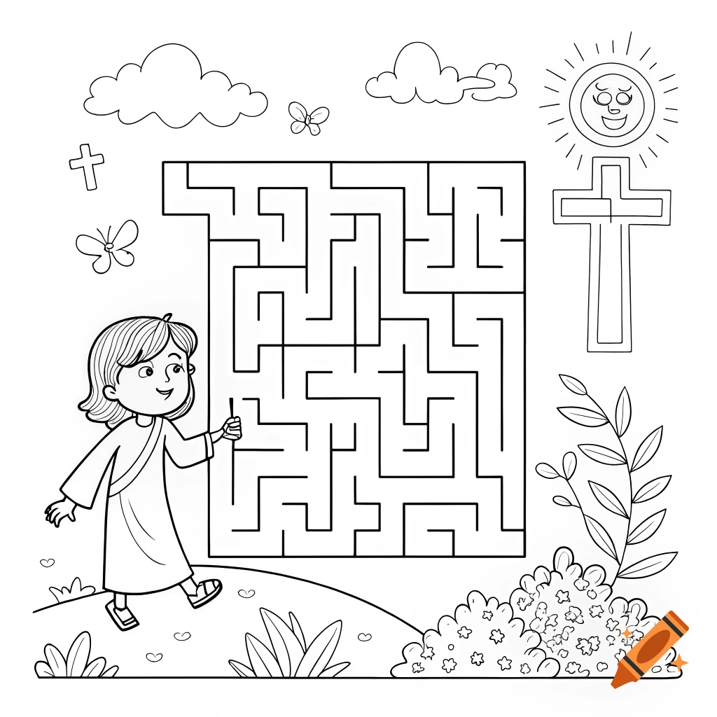 Black and white drawing of a child by a maze with religious symbols and nature elements.