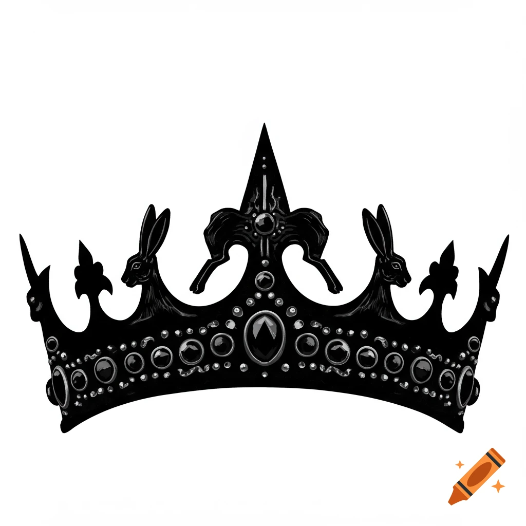 Black jeweled crown with rabbit figures on white background