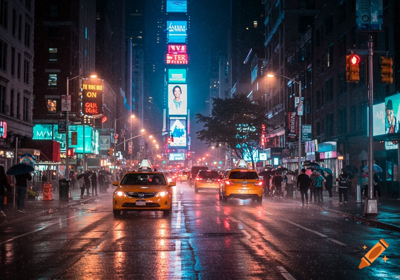Rainy night street scene in New York City with yellow taxis, neon signs, and people under umbrellas.