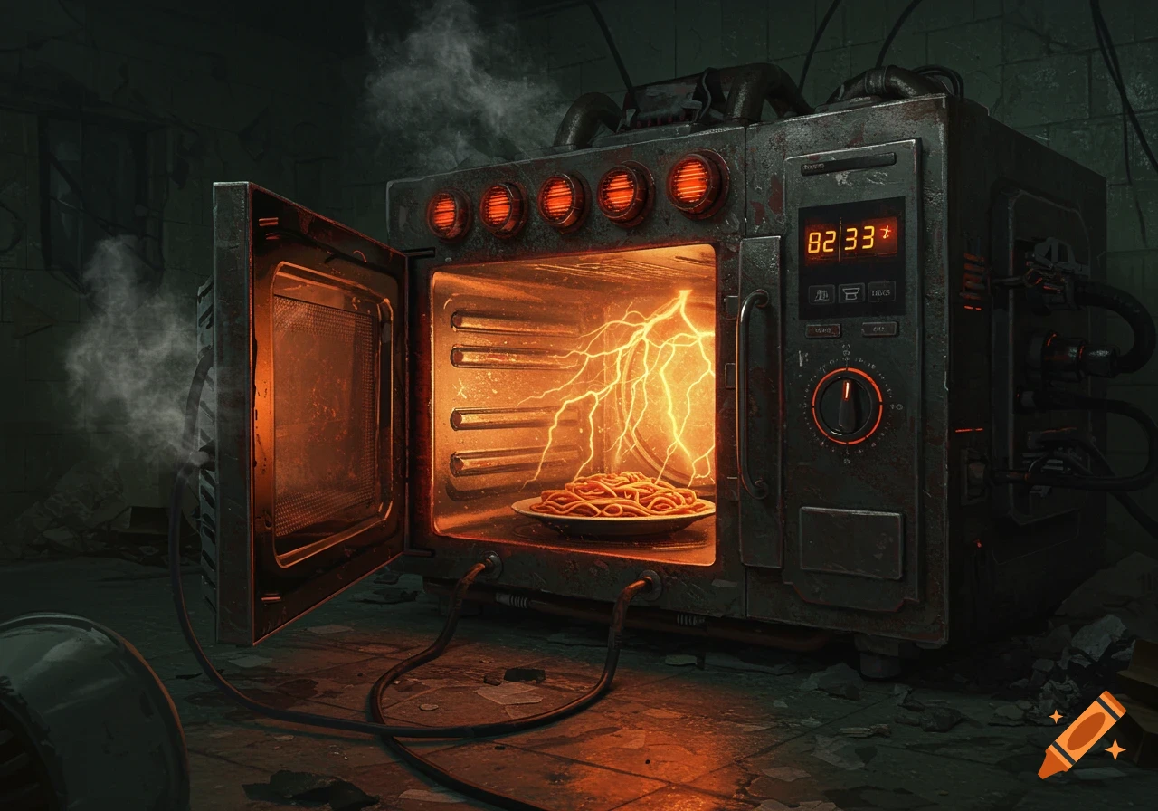 Dystopian microwave with lightning striking spaghetti inside, in a dark room.