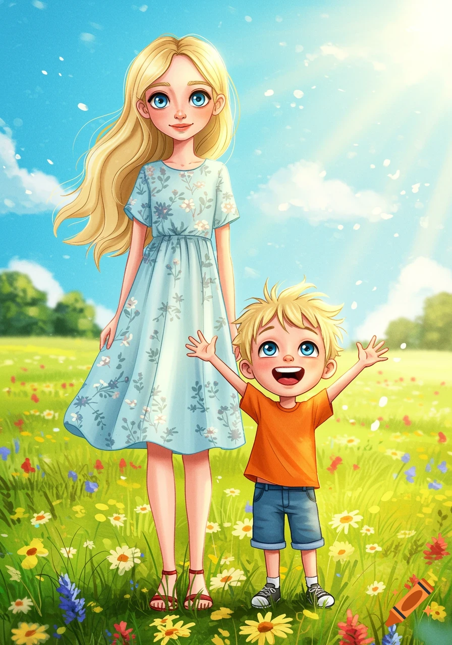 Illustrated blonde woman and boy standing in a sunny field of flowers.