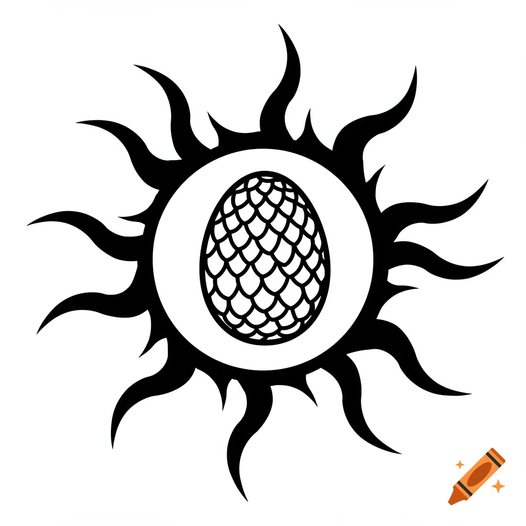 Black and white tribal style emblem with a sun shape surrounding a scaled egg