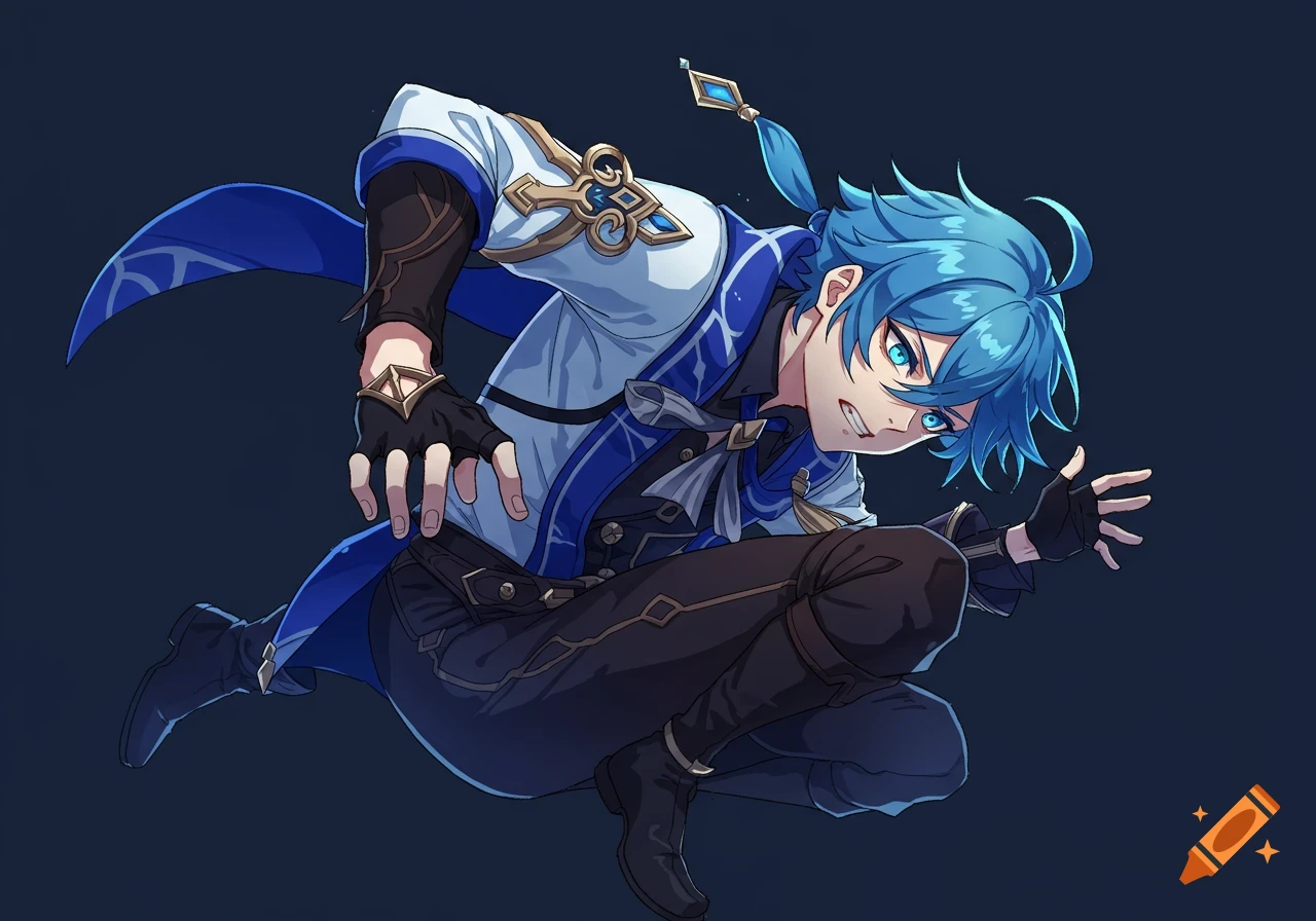 Anime illustration of a blue-haired, blue-eyed character in a dynamic pose, wearing blue and white.