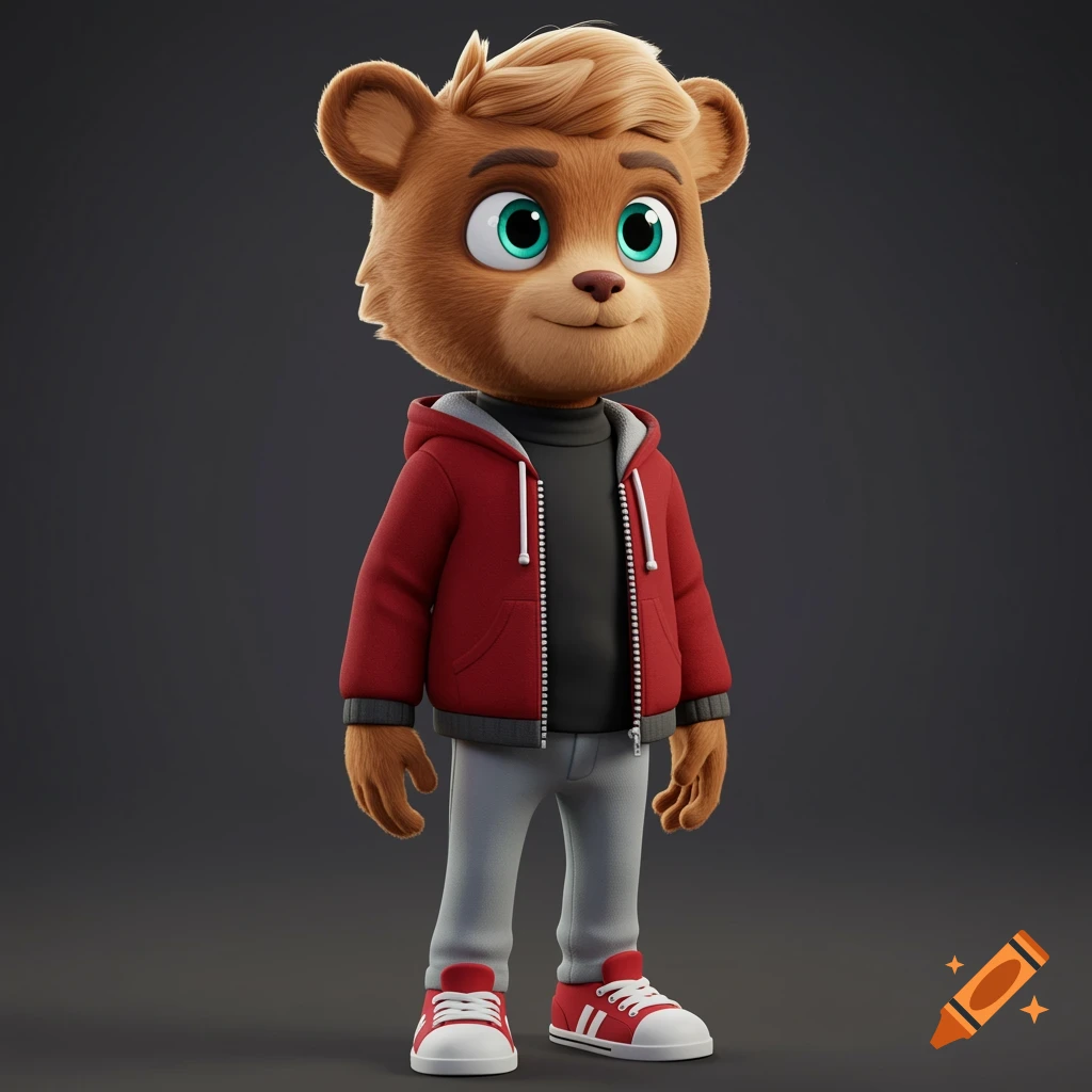 3D render of a cartoon bear cub wearing a red hoodie and grey pants.