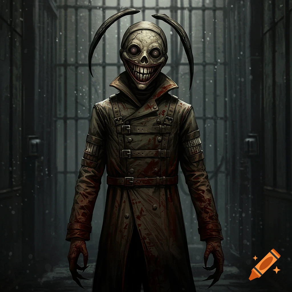 Creepy horror character in a bloodied coat with a disturbing mask and claws in a dark hallway.