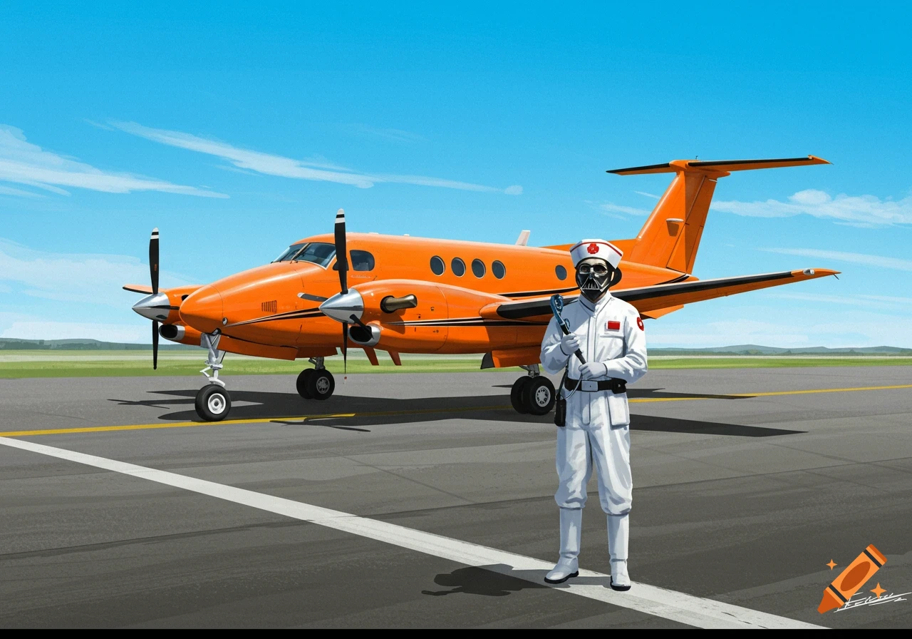 Orange King Air plane on a runway next to a person in a nurse uniform and Darth Vader mask holding a laryngoscope.