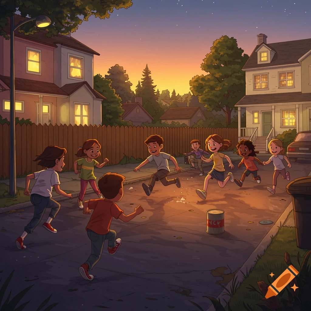 Illustrated scene of children playing kick the can on a suburban street at dusk.