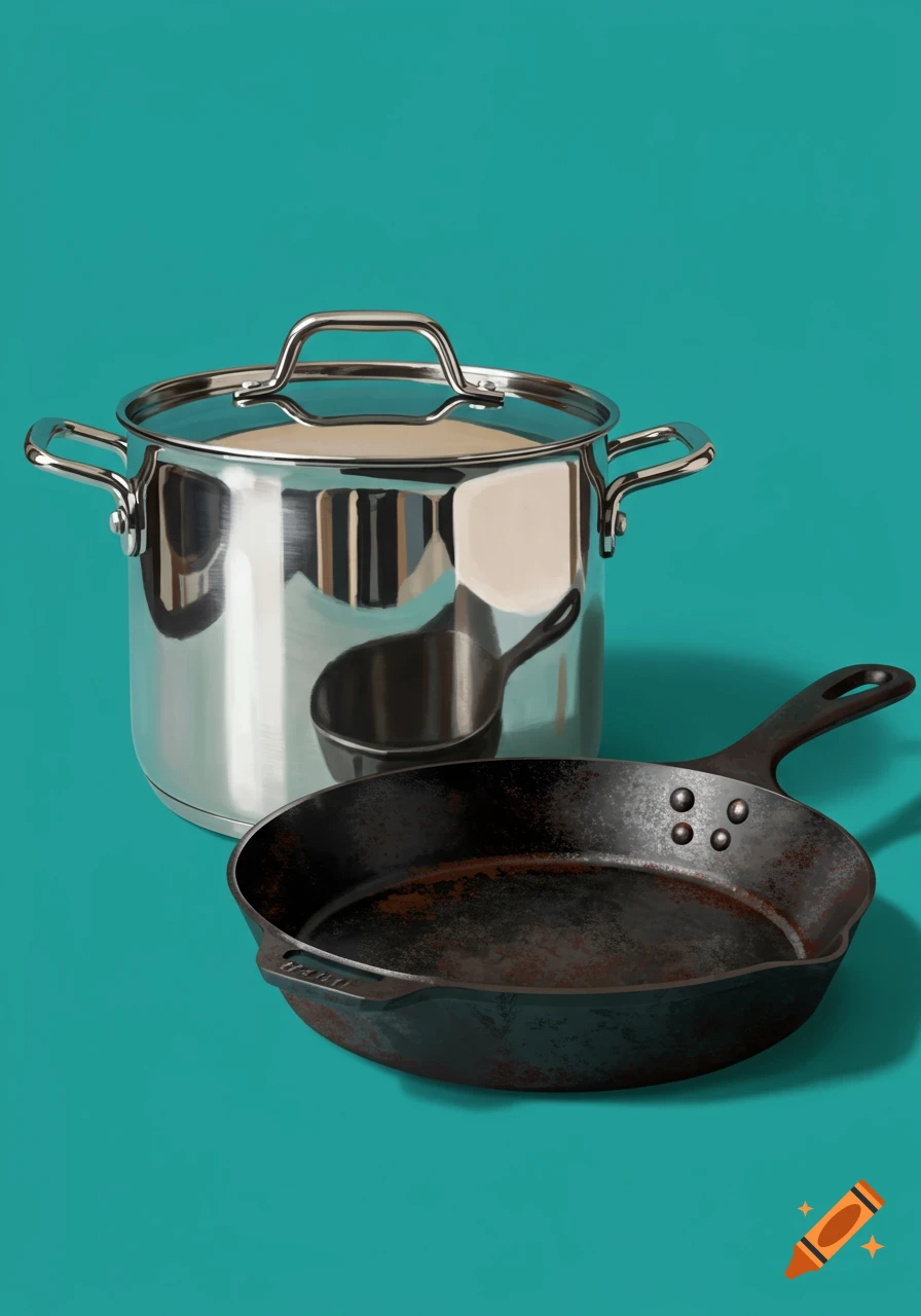 Stainless steel pot and cast iron pan on a teal background.