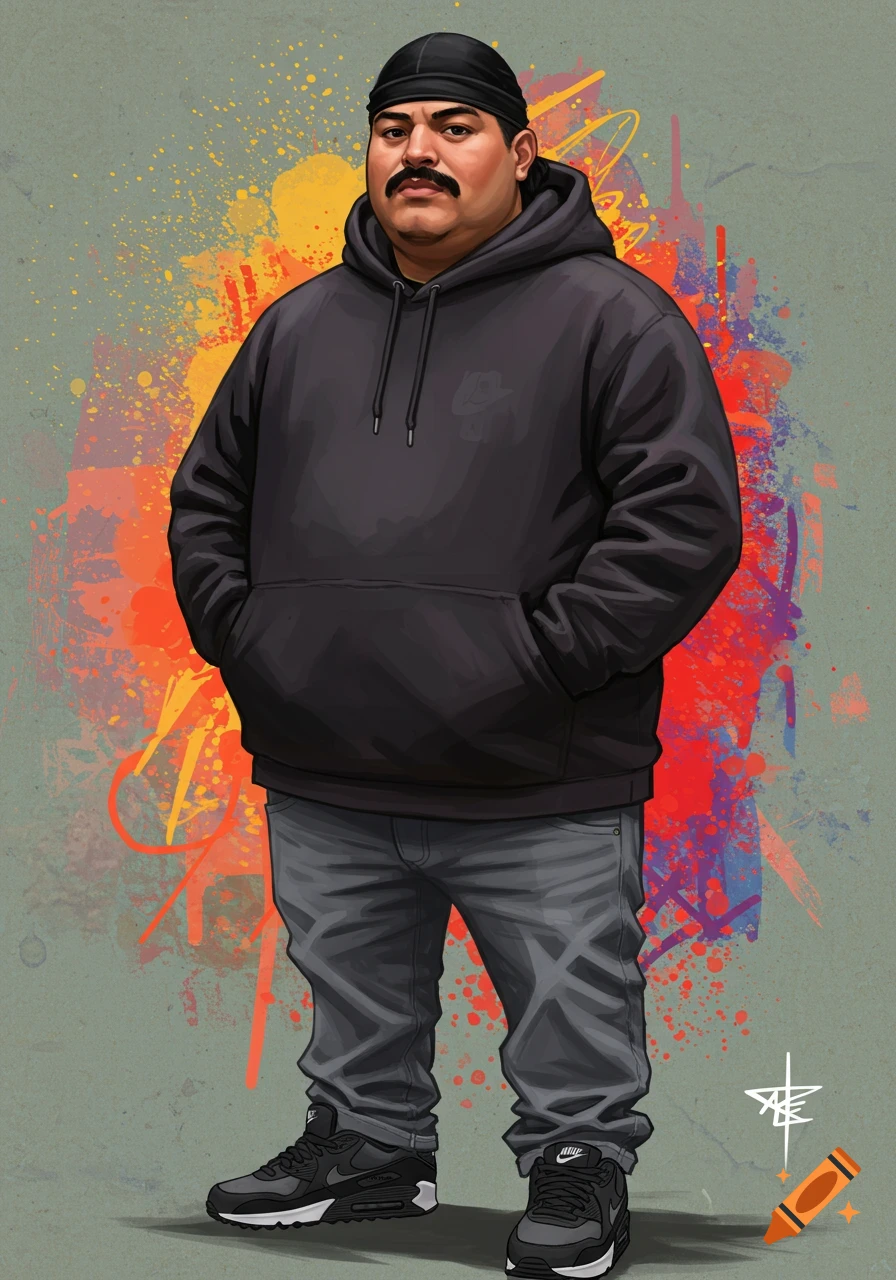 Illustration of a man wearing a black hoodie, grey jeans, durag, and black sneakers against a colorful splattered background.