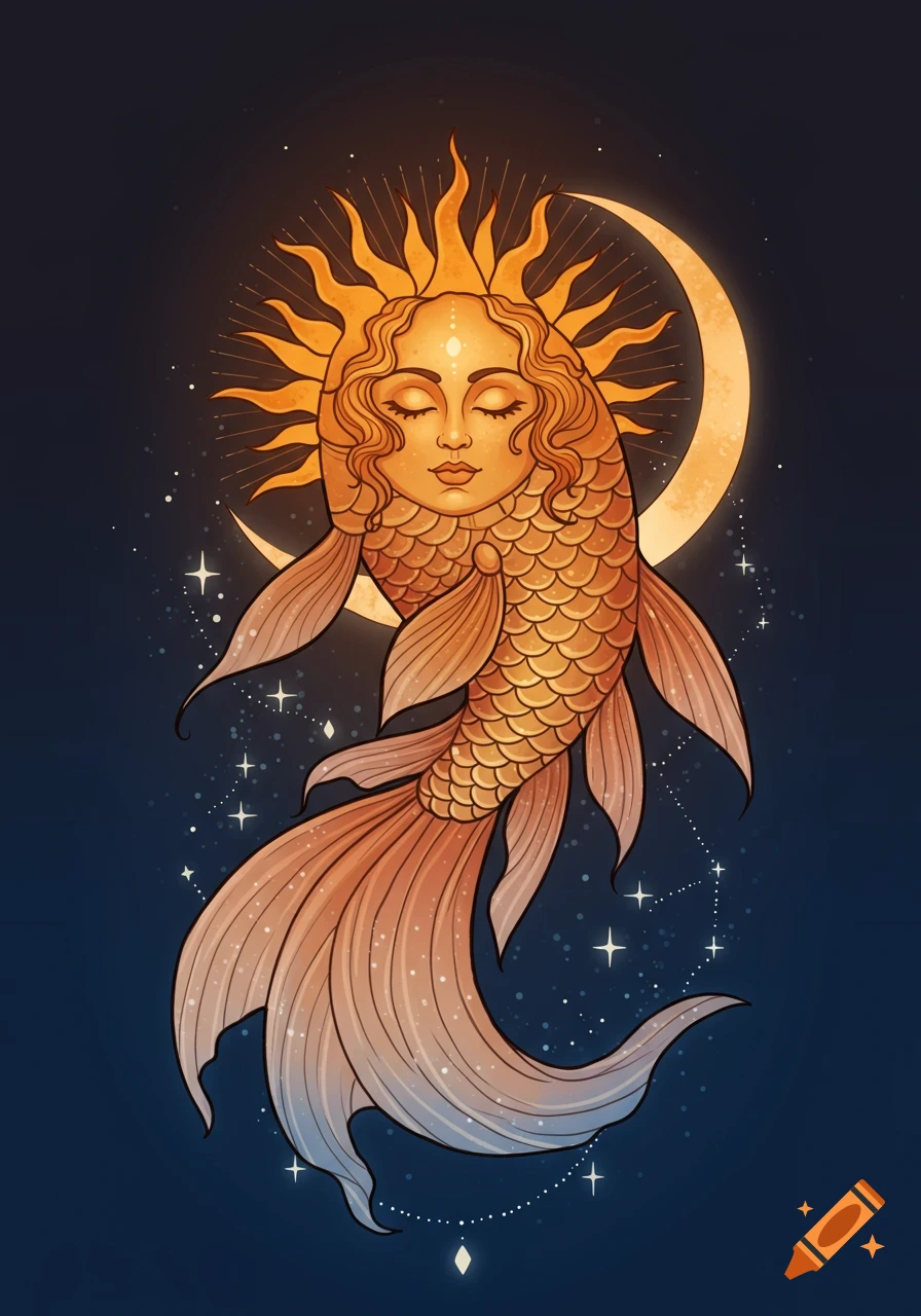 A stylized illustration of a fish with a sun for a head, floating next to a crescent moon and stars.