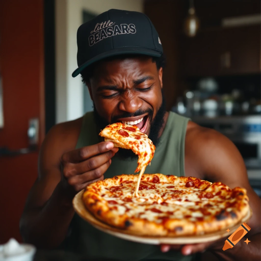 Man eating a slice of pepperoni pizza