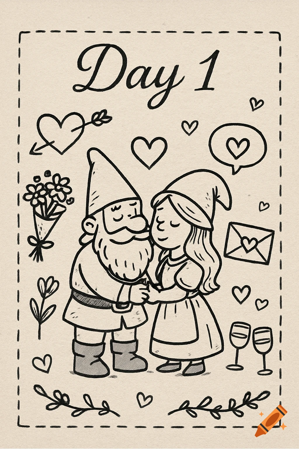 Black and white doodle of a gnome couple hugging with hearts, flowers, and 'Day 1' on textured paper.
