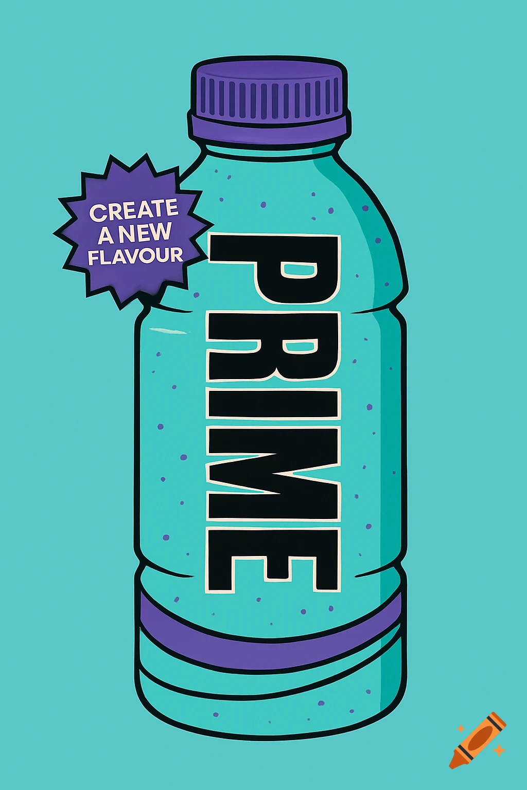 Illustration of a beverage bottle with text 'PRIME' and 'CREATE A NEW FLAVOUR'.