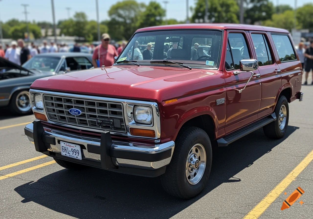 A red vintage Ford SUV parked outdoors, people in background.