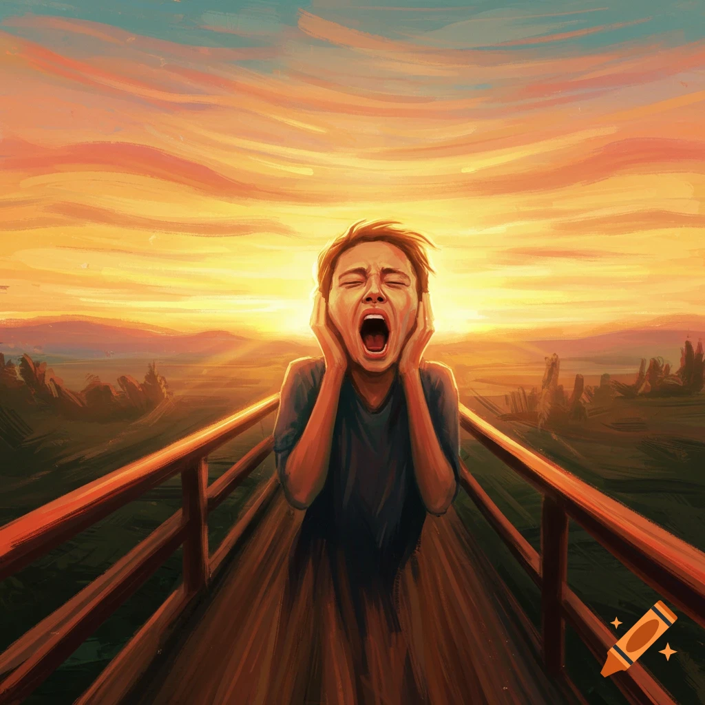 A person screams and holds their head on a bridge overlooking a vibrant landscape at sunrise, in a painted expressionist style.
