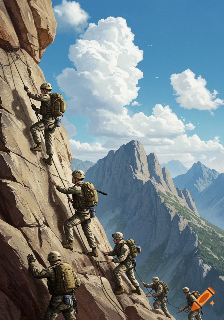 Military personnel climb a steep mountain face under a cloudy sky.