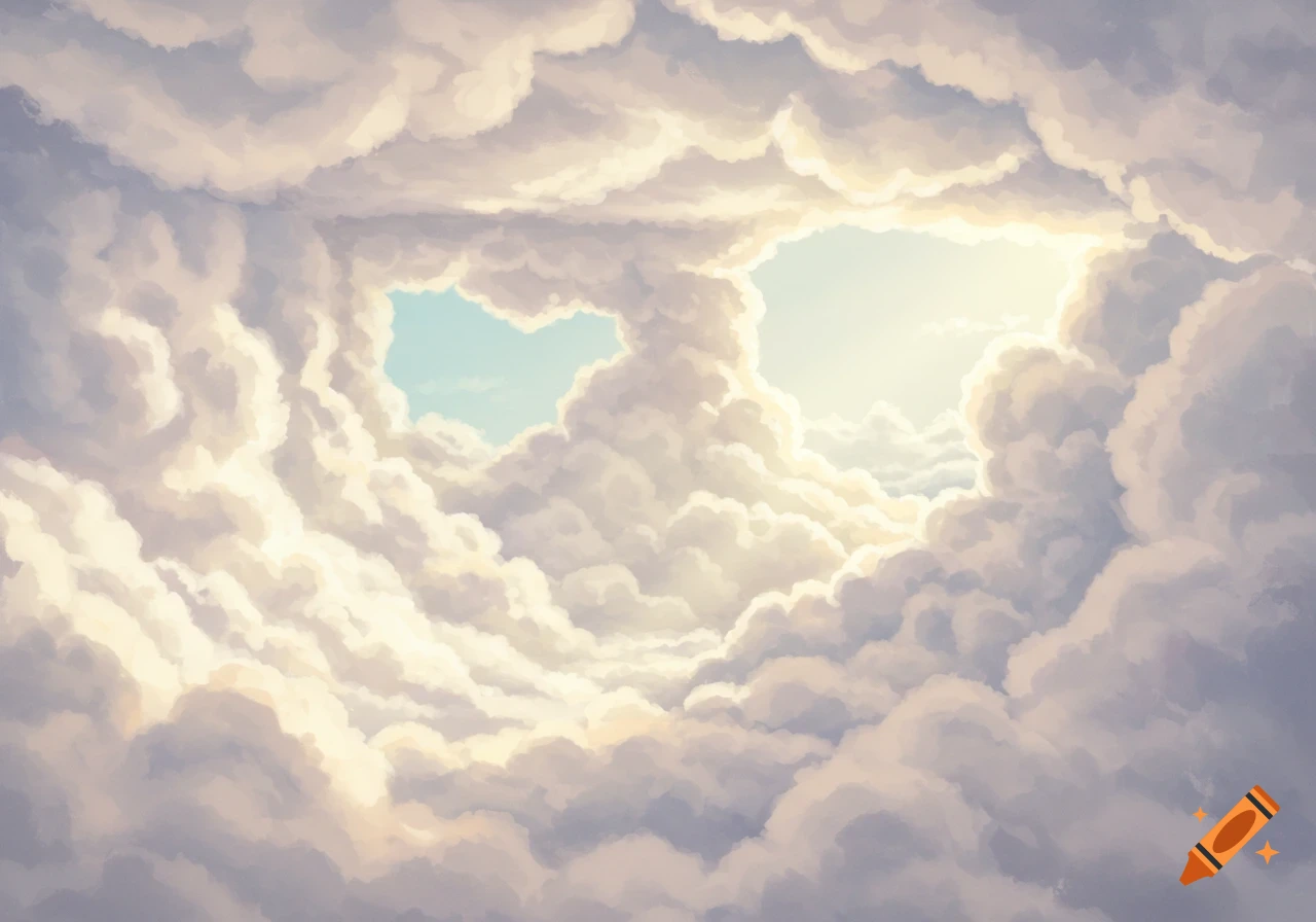 View from inside swirling clouds with patches of blue sky and sunlight.