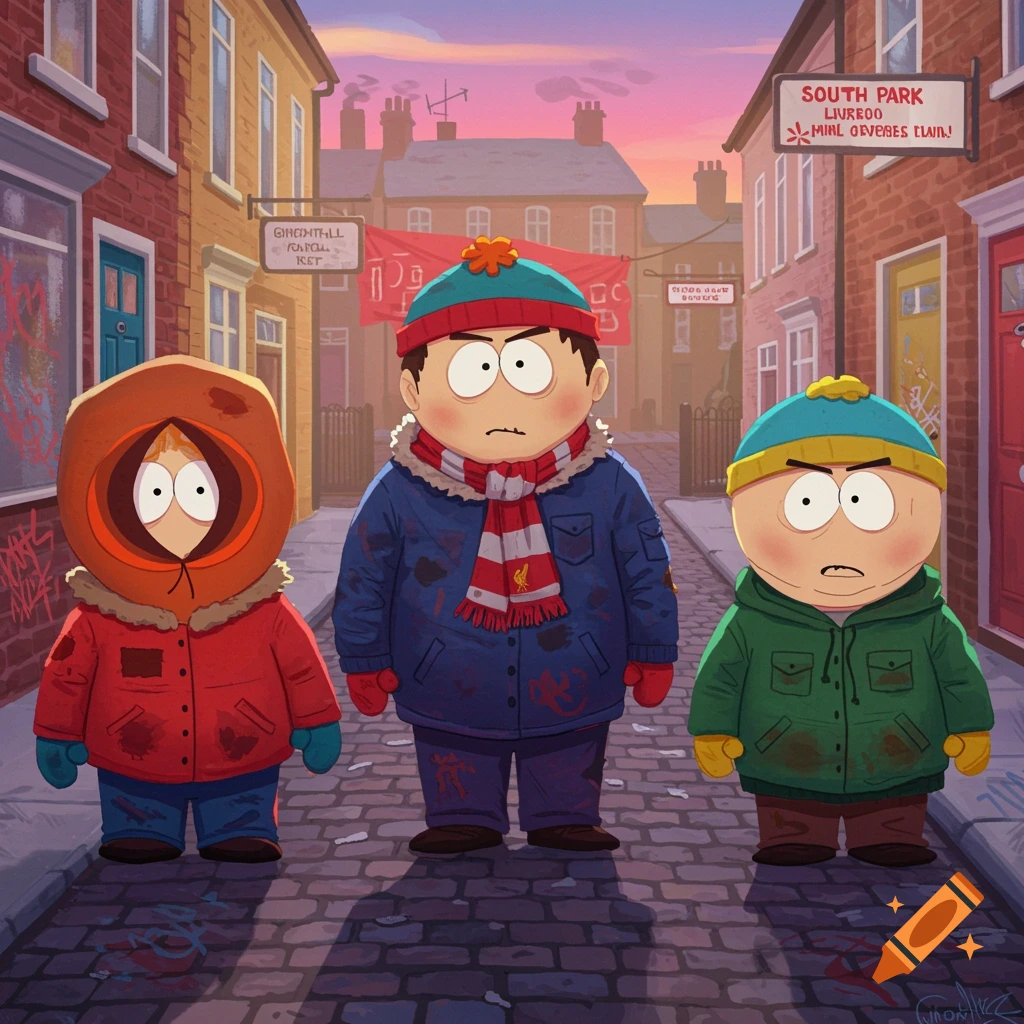 South Park characters Kenny, Stan, and Cartman stand on a street, Stan wears a Liverpool scarf. Cartoon style.