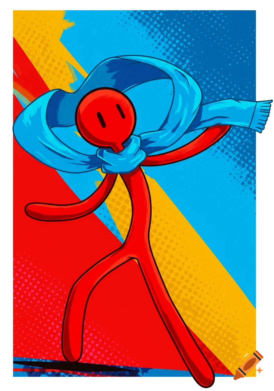 Red stickman in dynamic pose wearing a blue scarf against a pop art background.