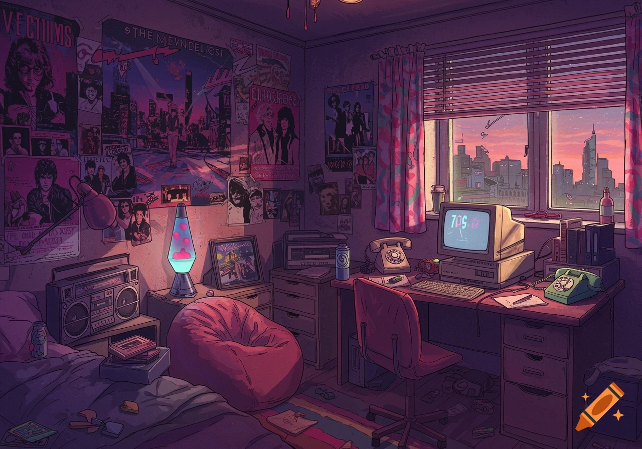 An 80s style teenager's bedroom with posters, a CRT computer, boombox, lava lamp, and view of a city skyline at sunset.