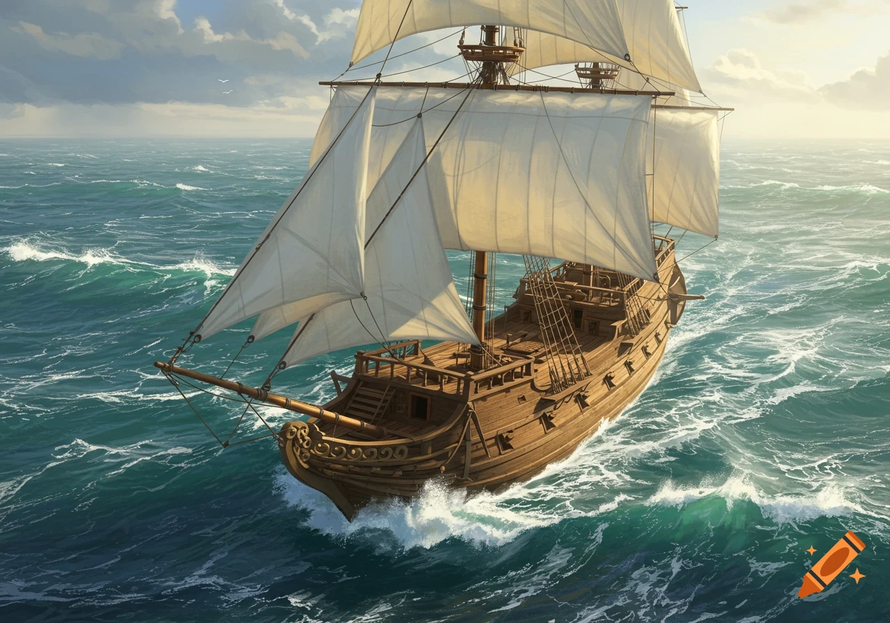 A large wooden sailing ship rides on choppy waves under a cloudy sky.