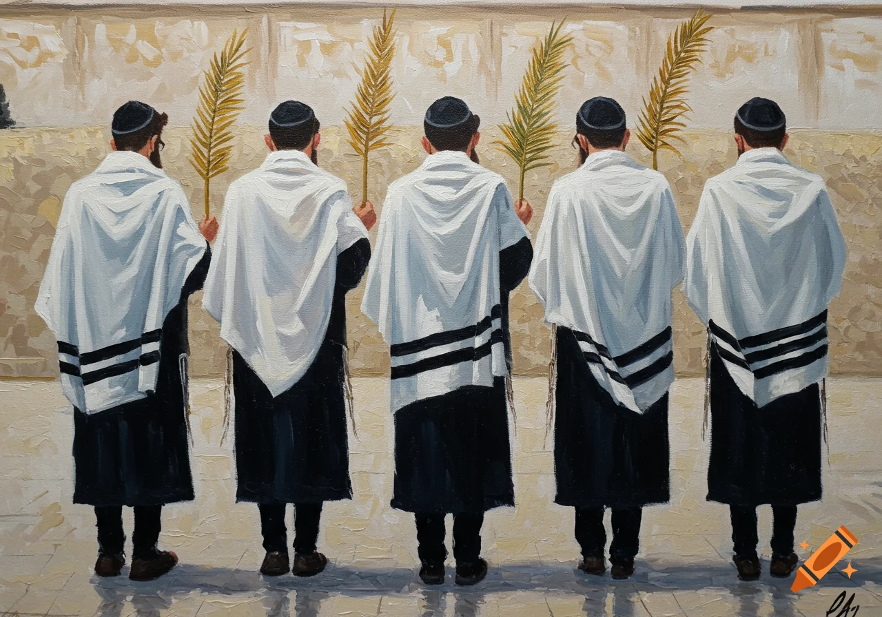 An Impressionist painting of five men in prayer shawls holding palm branches, facing a textured wall.